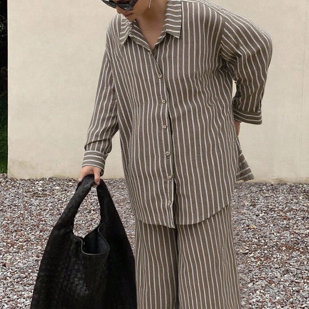 Brown Casual Women's Striped Shirt And Pants Set Lounge Sets - Picture 2 of 3